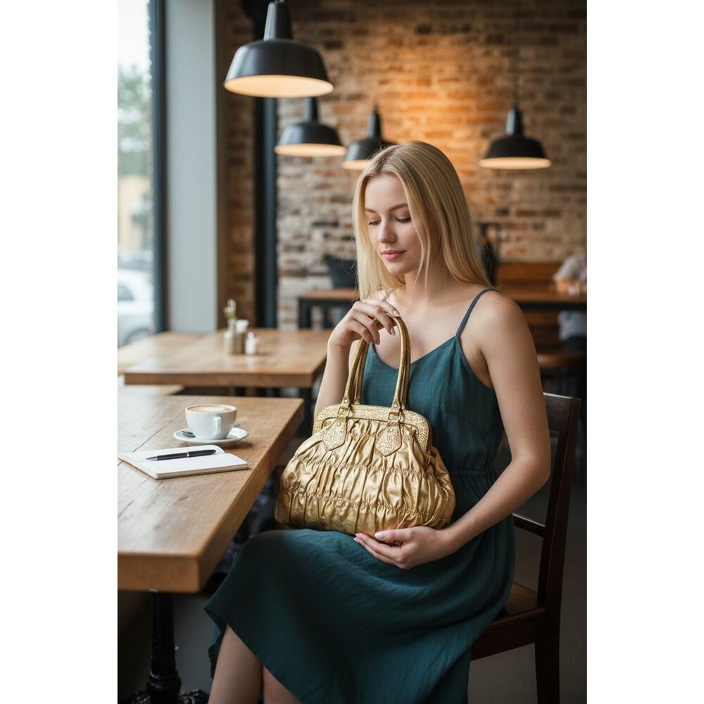 VNTG Rare Extra Large GOLD Puff Slouch‎ Bag Faux Leather Retro Punk Disco Glamor